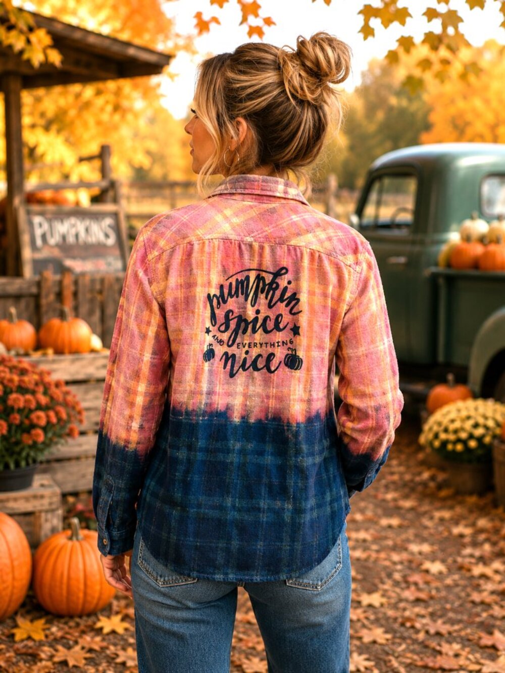 Bleached Flannel Autumn Shirt Upcycled, Painted Pumpkin Spice Sz Junior Medium
